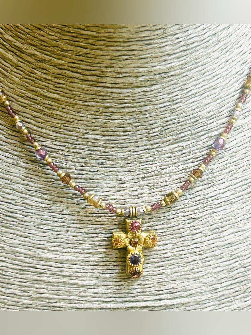 Michal Golan  Multicolor Swarovski Crystals Cross Pendant  Beaded Choker